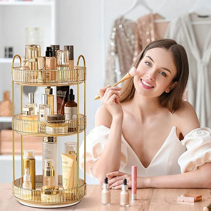shuang qing Rotating Makeup Organizer for Vanity, High-Capacity Skincare Clear Make Up Storage Perfume Organizers Cosmetic Dresser Organizer Countertop 360 Spinning (Gold, 3 Tier)