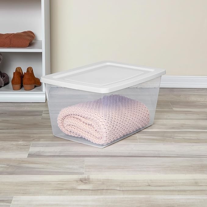 Sterilite 6-Pack Clear Storage Box, Stackable Container Bins with Lids, 58 Qt, White – Plastic Containers for Home, Closet, Bathroom, and Office Organization