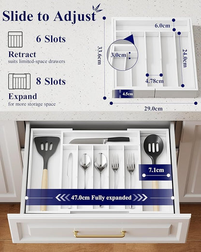Kitsure Silverware Organizer - Expandable Bamboo Kitchen Drawer Organizer for Cooking Utensils and Cutlery, Sturdy & Thickened Kitchen Organizers and Storage Solution, Large, White