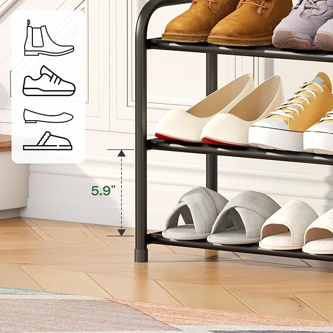 kiplant Shoe Rack for Closet, 3-Tier Expandable Closet Shoe Rack Metal Organizer, Heavy Duty Black Shoe Storage Shelf for Entryway, Doorway, Narrow Space