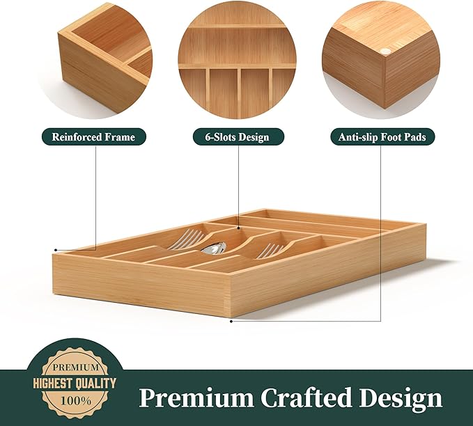 Silverware Organizer, Bamboo Kitchen Drawer Organizer, Utensil Holder, Cutlery Tray & Spoon Flatware Storage with Grooved Drawer Dividers (8.5''W x 15.5''D)