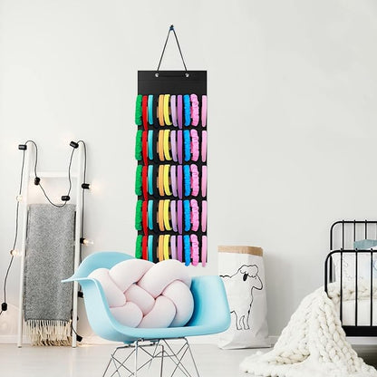 Tudomro Hanging Headband Holder for Girls Felt Hair Accessories Organizer with 60 Elastic Bands Bow Hanger for Girls Hair Bows Without Headbands(Black,Plain Style)
