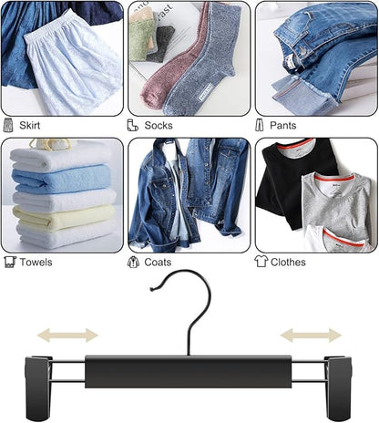 GUANJUNE 10 Pack Clothes Pants Hangers, Space-Saving Skirt Holders with 360 ° Swivel Hooks, Adjustable Clips, Trouser Coat Garment Jeans Black