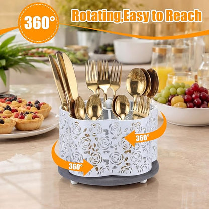 360 Degree Rotating Utensil Caddy Silverware Cutlery Caddy Holder with 5 Compartment Kitchen Countertop Organizer for Spoon Fork Flatware Storage for Home or Outdoor Picnic Camping (White)