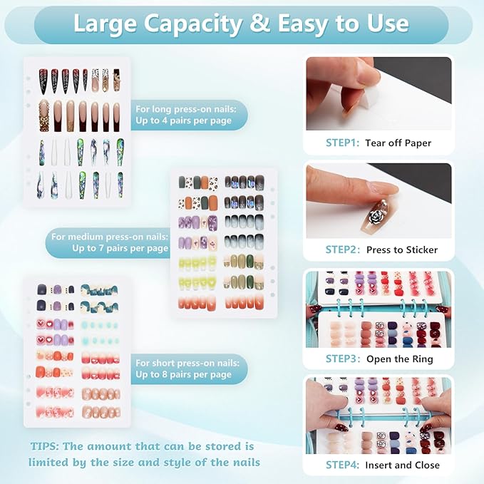 DHATMYC Press On Nail Storage Organizer Binder with 8 Insert Pages - A5 Size Reusable Fake Nail Swatch Star Collecting Book Polish Color Display Holder Container with Tape and Zipper Pocket (BLUE)