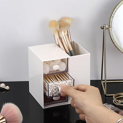 Hair Accessories Organizer with Hair Brush Holder Cosmetic Storage Case with Drawer for Makeup Sponge Plastic Desktop Organizer, White