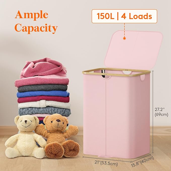 Lifewit 150L Double Laundry Hamper with Lid, Large Laundry Basket with Removable Bag & Bamboo Handles, Fodable Tall Dirty Clothes Hamper for Laundry Collapsible Bin for Bathroom Bedroom Dorm, Pink
