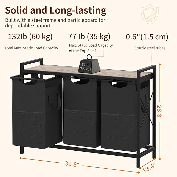 Heybly Laundry Hampers, 3 × 15 Gal (171 L) Laundry Basket with Large Desktop Sorter for Laundry Room organization, Bathroom and Dorm Laundry Bags on Storage Shelf Greige HLH003SG