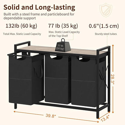 Heybly Laundry Hampers, 3 × 15 Gal (171 L) Laundry Basket with Large Desktop Sorter for Laundry Room organization, Bathroom and Dorm Laundry Bags on Storage Shelf Greige HLH003SG