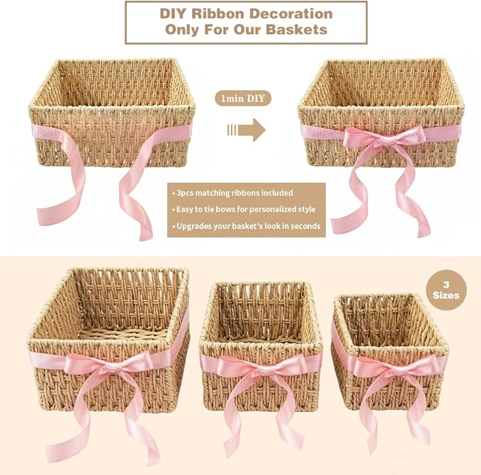 Small Wicker Basket 3-Piece Set: Handwoven Natural Paper Rope Storage Baskets for Organization, Storage, and Home Decor（Includes 3 ribbons to make your basket even more decorative）