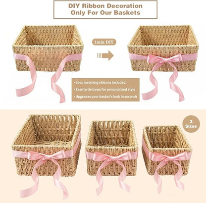 Small Wicker Basket 3-Piece Set: Handwoven Natural Paper Rope Storage Baskets for Organization, Storage, and Home Decor（Includes 3 ribbons to make your basket even more decorative）