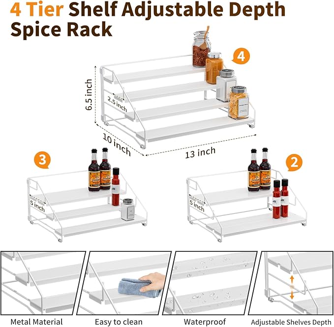BOIVSHI Tiered Spice Rack, 4 Tier Spice Shelf Organizer for Cabinet, Spice Rack Organizer, Depth Adjustable Seasoning Rack Organizer for Cabinet, Countertop, Pantry, Metal, White (1 Pack)