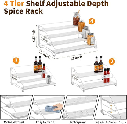 BOIVSHI Tiered Spice Rack, 4 Tier Spice Shelf Organizer for Cabinet, Spice Rack Organizer, Depth Adjustable Seasoning Rack Organizer for Cabinet, Countertop, Pantry, Metal, White (1 Pack)