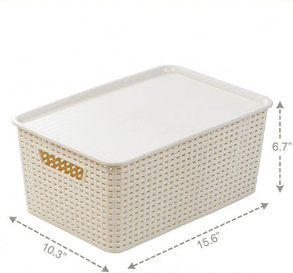 BINO | Plastic Storage Baskets with Lids, 15.5 Liter - 3 Pack, Natural | THE WOVEN COLLECTION | Storage Basket for Shelves | Woven Storage Baskets for Organizing Bins | Pantry Shelf Organizer Bin