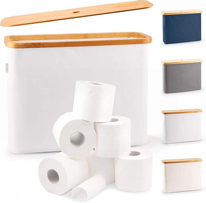 LONBET Toilet Paper Storage for 12 Rolls, Stackable & Foldable - The Ultimate Bathroom Organizer - Waterproof Basket with Bamboo Lid - Elegant Toilet Paper Storage Holder, Light Gray