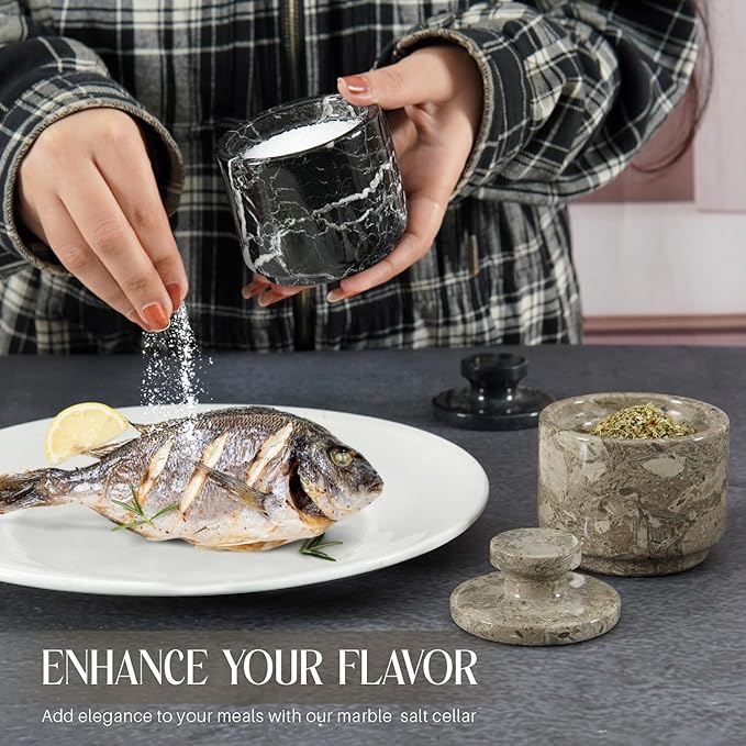 MARBLOUS KRAFTS Marble Salt Cellar with Lid 3" Zebra Black and Oceanic Sea Salt, Pepper Container for Kitchen Storage, Stone Spice Jar, Perfect Mother’s Day Gift, New Home