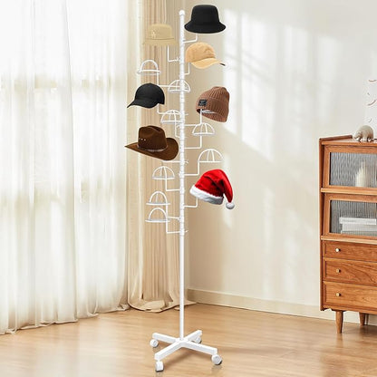Montex Freestanding Hat Rack Stand, Metal Hat Organizer Rack with 14 Customisable Circular Hooks, Hats Tree Stand Floor Standing Hat Display, White