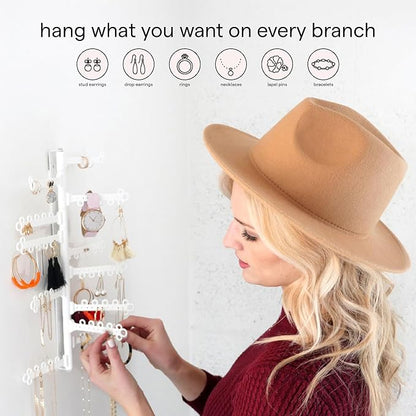 AllHungUp 12-Tier Wall Jewelry Organizer Wall Mounted Jewelry Organizer Necklace Holder Wall Mount Hanging Necklace Organizer Jewelry Hanger Wall Mounted Earring Holder Display Earring Organizer White
