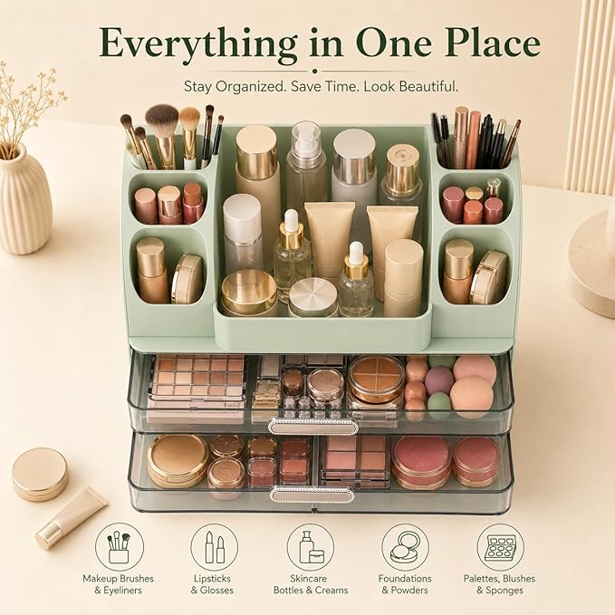 Makeup Organizer with 2 Drawers, Cosmetic Display Case, Storage Holder for Vanity, Bathroom Counter, Desk, Beauty Supplies (Green)