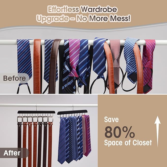 Wooden Tie Rack & Belt Holder 2 Pack, 20-Hook Necktie Hanger & 14-Hook Belt Organizer, Space Saving Multi Functional Closet Storage for Men