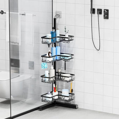 KEGII Floor Shower Caddy Standing – 4-Tier Corner Shower Organizer with Hooks & Soap Holder, Free-Standing Bathroom Storage Rack for Shampoo & Toiletries, Black