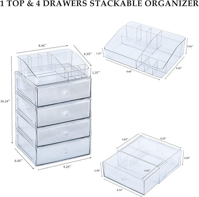 5-Tiers Makeup Organizer with Drawer for Vanity, Stackable Bathroom Storage Box for Beauty Essentials, Skincare Products, Cosmetic Brushes, Perfume Stand, Clear Lipsticks Holder