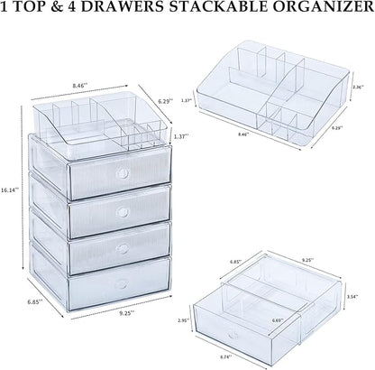 5-Tiers Makeup Organizer with Drawer for Vanity, Stackable Bathroom Storage Box for Beauty Essentials, Skincare Products, Cosmetic Brushes, Perfume Stand, Clear Lipsticks Holder