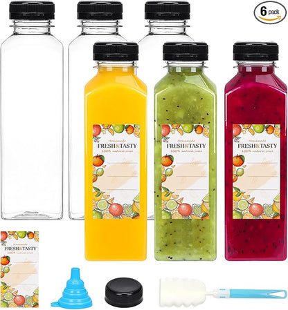 TOMNK 6pcs Juice Bottles, 16oz Reusable Plastic Juice Bottles with Caps and Labels, Funnel, Brush Beverage Containers for Juicing, Smoothies, Tea, Milk