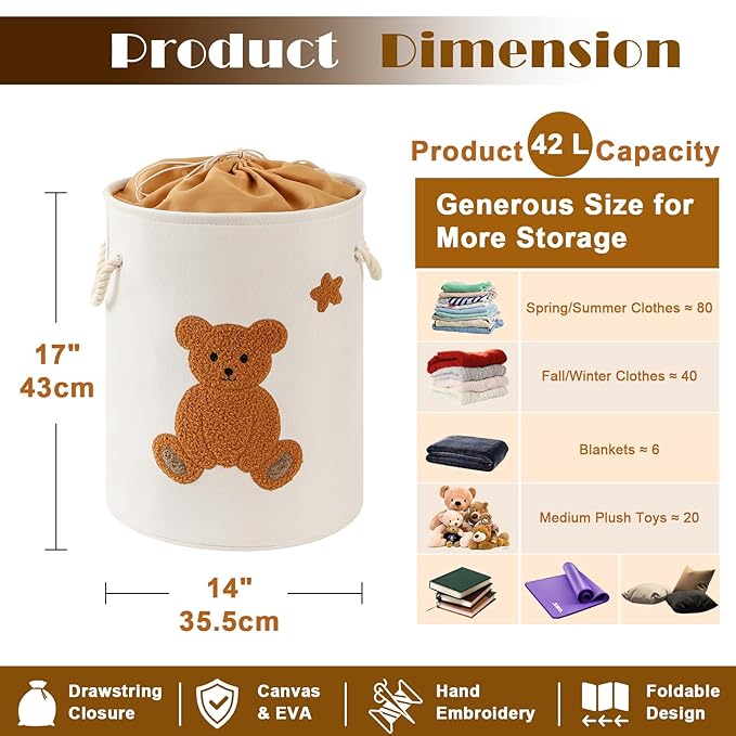 Kids Laundry Basket Nursery Hamper Baby Laundry Basket Stuffed Animal Toys Storage Baskets for Toddler Room Decor, Dirty Clothes Hampers with Drawstring Closure for Bedroom/Living Room/Nursery, Bear