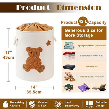 Kids Laundry Basket Nursery Hamper Baby Laundry Basket Stuffed Animal Toys Storage Baskets for Toddler Room Decor, Dirty Clothes Hampers with Drawstring Closure for Bedroom/Living Room/Nursery, Bear