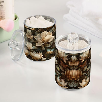 4 Pack Magnolia Flowers Apothecary Jars with Lid, Qtip Holder Storage Containers for Cotton Ball, Swabs, Pads, Clear Plastic Canisters for Bathroom Vanity Organization (10 Oz)
