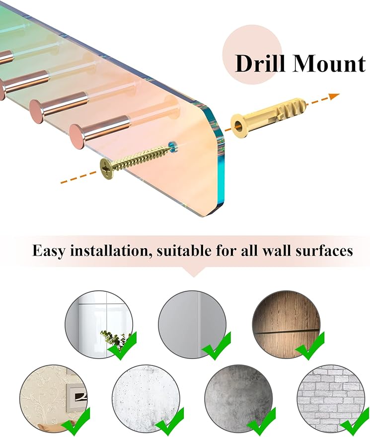 NiHome Wall Mount Acrylic Jewelry Organizer 2-Pack, Durable Sleek Rack Strong Carbon Steel Hooks for Dressing Table, Bathroom, Kitchen, Hassle-Free Installation Multiple Mounting Options (Iridescent)