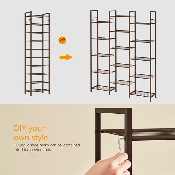 usikey 10 Tiers Narrow Shoe Rack 20-30 Pairs, Sturdy Metal Tall Shoe Rack Shelf with 4 Hooks, Slim Shoe Storage with Metal Shelf, Space Saving Vertical Shoe Organizer for Entryway Bronze UNYXJX018A