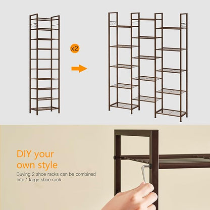 usikey 10 Tiers Narrow Shoe Rack 20-30 Pairs, Sturdy Metal Tall Shoe Rack Shelf with 4 Hooks, Slim Shoe Storage with Metal Shelf, Space Saving Vertical Shoe Organizer for Entryway Bronze UNYXJX018A