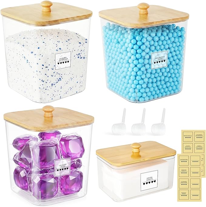 TeSabMi Laundry Storage Containers - Large Detergent Powder Storage with Wooden Lids & Labels, Laundry Pods Holder for Scent Booster, Powder & Pods, Laundry Room Organization 3+1 Pack