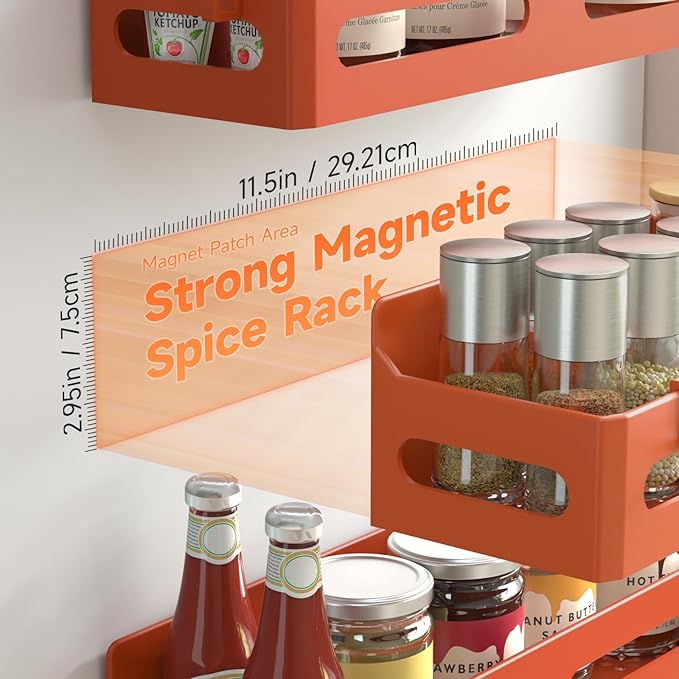 Sevenblue 4 Pack Strong Magnetic Spice Rack for Refrigerator, Multipurpose Magnetic Shelf for Fridge with 4 Hooks for kitchen and Bathroom Organization, Orange