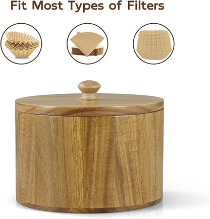 Coffee Filter Holder, Acacia Wood Filter Storage Container for Counter, Coffee Bar Accessories for Home Decor