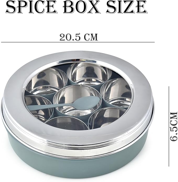 Elan Special Combo of Spice Box and Roti Papad Box | Multipurpose Containers for Kitchen | See Through 7 Compartment Spice Box with Spoon and Kitchen Storage Box (Stainless Steel, Pack of 2)