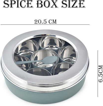 Elan Special Combo of Spice Box and Roti Papad Box | Multipurpose Containers for Kitchen | See Through 7 Compartment Spice Box with Spoon and Kitchen Storage Box (Stainless Steel, Pack of 2)