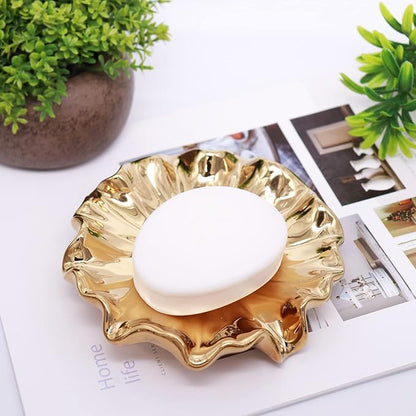 Lotus Leaf Soap Dish Gold Ceramic Soap Holder Self Draining Soap Dish Waterfall Slot Sponge Holder Bathroom Accessories for Bathroom, Kitchen,Bar Counter.