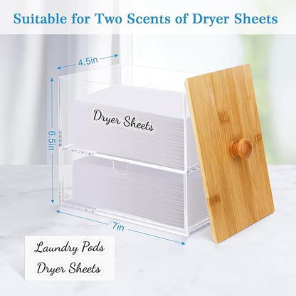 JYPS 1+1 Acrylic Dryer Sheet Holder with Drawer and Bamboo Lid, Clear Acrylic Large-Capacity Laundry Pods Container, Scent Boosters & Powder, Laundry Room Organization decor, Storage Jars Set