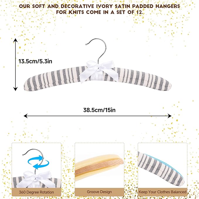 12 Pack Cotton Stripe Padded Hangers for Sweaters, 16 Inch Extra Large Rustic Style Non-Slip Coat Hangers for Women Clothing, Dresses, Lingerie, No Shoulder Bumps, Closet Organizer (Grey)