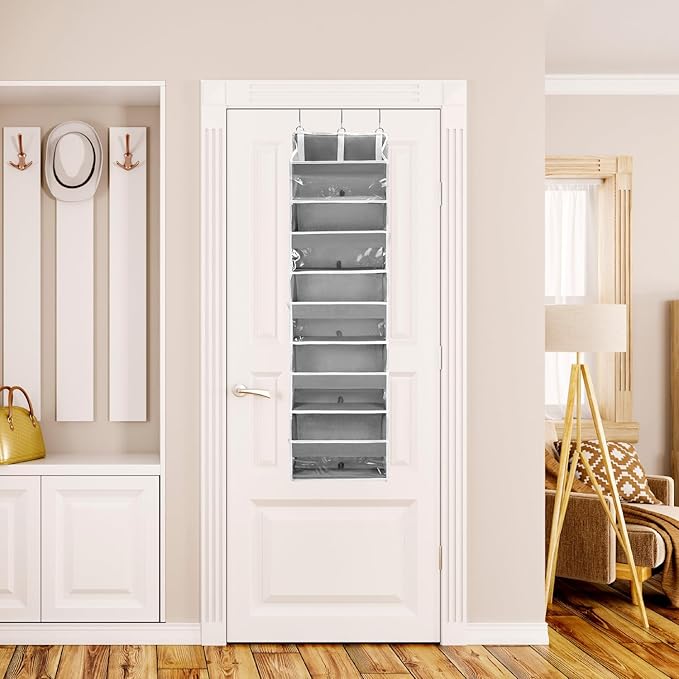 QWORK Over Door Organizer with 5 Large Pockets, 10 Mesh Side Pockets, Door Hanging Organizer for Diapers, Towels, 44lbs Weight Capacity, Grey