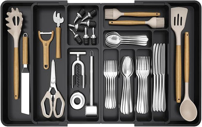 Lifewit Utensil Organizer for Kitchen Drawer, Expandable Cooking Silverware Tray, Adjustable Cutlery Flatware Holder, Plastic Spatula Tools Storage Divider, 21.3- 36 x 16.9", Black