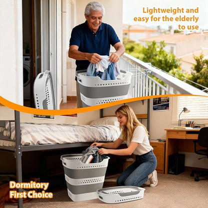 2 Pcs 42L Medium Collapsible Plastic Laundry Basket with Handles, Foldable Laundry Basket Hamper, Pop Up Storage Container Organizer for Washing Storage (Gery, 17 Inch * 13 Inch * 15 Inch)