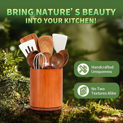 Wooden Utensil Holder, 360°Rotating 7.3'' Large Utensil Holder for Kitchen Counter, Kitchen Utensil Organizer, Utensil Crock, Farmhouse Kitchens Countertop Decor, Cherry-finish