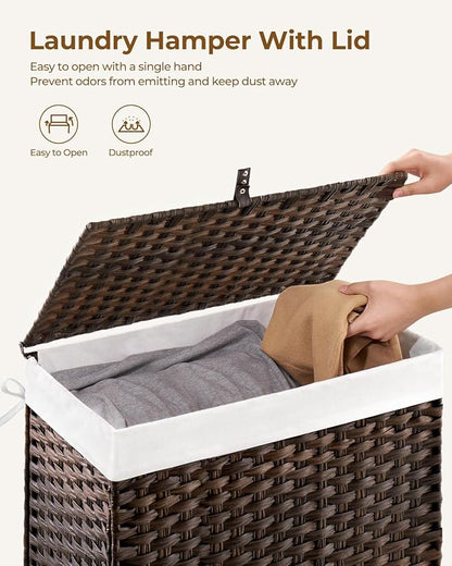 Greenstell Laundry Hamper with Lid, 125L Laundry Basket with 2 Removable Liner Bags & 2 Mesh Bags, Handwoven Synthetic Rattan Clothes Hamper for Clothes, Toys in Bathroom, Bedroom, Foldable, Brown