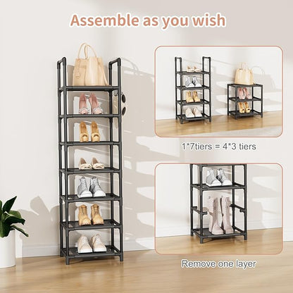 LANTEFUL Tall Shoe Rack 7 Tier Narrow Shoe Shelf Storage for 7-14 Pairs Shoe and Boot, Sturdy Shoe Storage Space Saving Corner Shoe Rack Organizer for Closet, Entryway, Living Room, Black