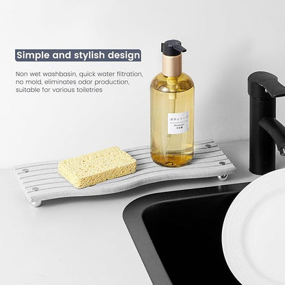 Water Absorbing Stone Tray for Sink,Quick Drying Diatomaceous Earth Coasters Sink Caddy Organizer,Soap Dish Holder & Toothbrush Holder for Bathroom Counter， Toiletries（Grey, 11.8" x 4.33"）