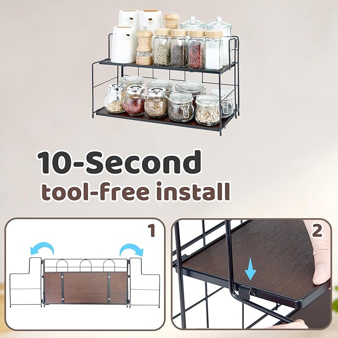 Edergoo Bathroom Counter Organizer 10s Tool-Free Install, 2 Tier Bathroom Organizers and Storage, Collapsible Bathroom Organizer Countertop, Wood Bathroom Kitchen Countertop Organizer, Black